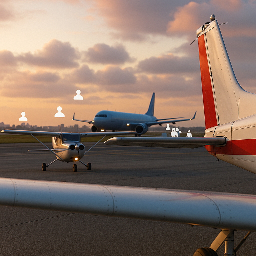 Virtual airport scene at sunset showing light aircraft on the taxiway and a large commercial jet in the background. Multiple player icons hover above the aircraft, illustrating a multiplayer environment in a flight simulator.