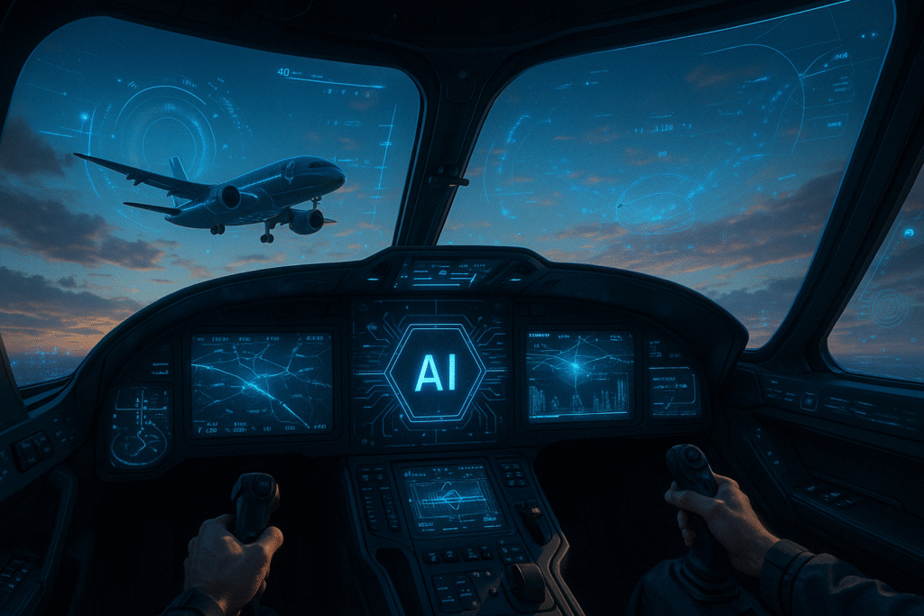 Futuristic flight simulator cockpit with AI interface screens, holographic displays, and a view of a high-tech aircraft flying through a digitally enhanced sky with virtual elements and augmented reality overlays.