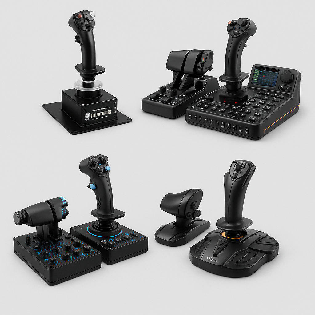 Compilation image showing top flight simulator joysticks of 2025, including models like Thrustmaster HOTAS Warthog, Turtle Beach VelocityOne Flight Deck, Logitech G X56 HOTAS RGB, and Thrustmaster T16000M FCS HOTAS, displayed on a light gray background.