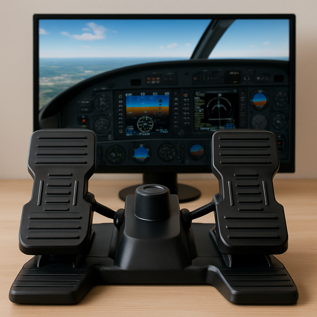 Flight simulator rudder pedals set up in front of a cockpit screen, showing realistic flight instruments and a scenic view.