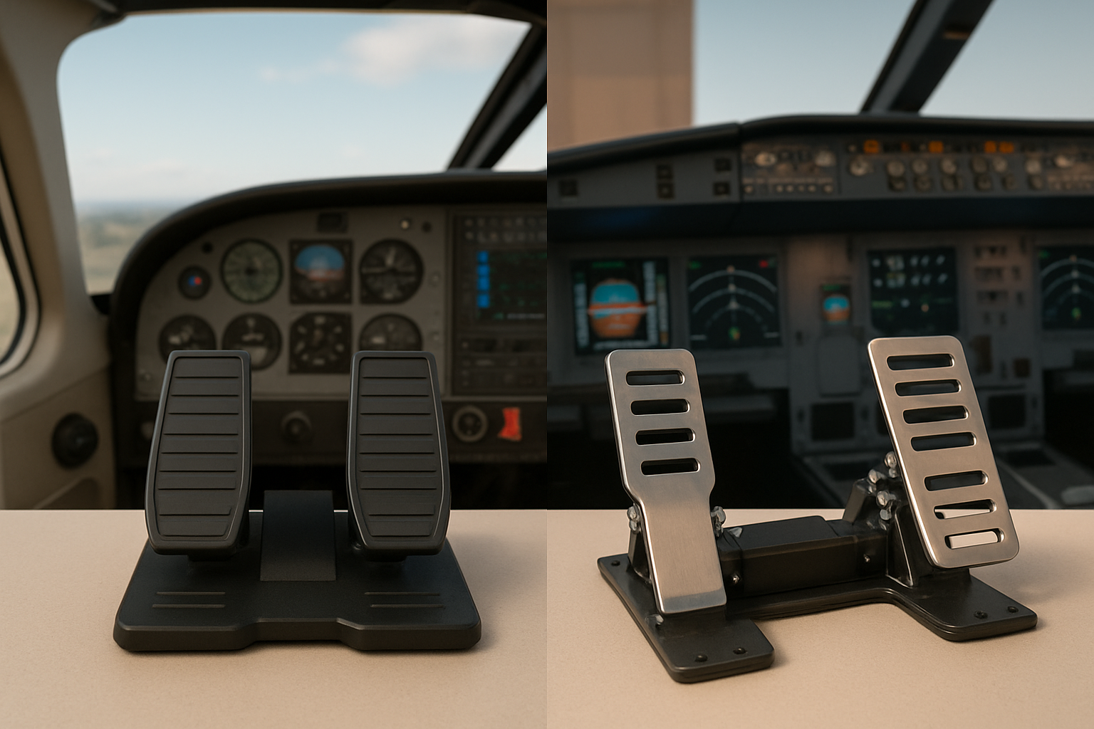 Comparison of two flight simulator rudder pedal sets: one designed for light aircraft and another for commercial jets, with cockpit backgrounds.