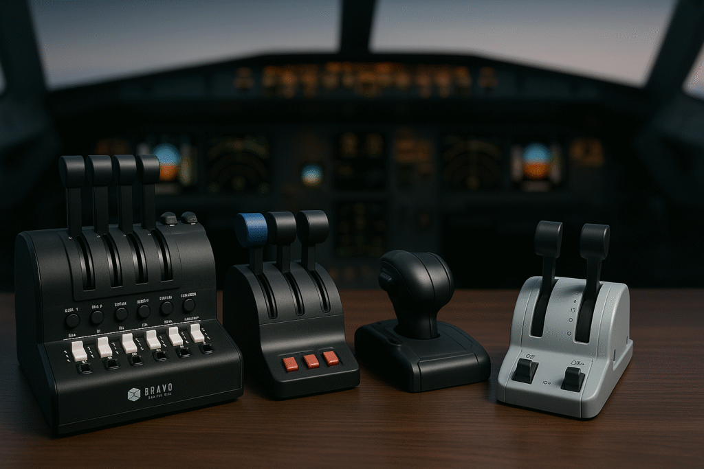 A desk with four popular flight simulator throttle quadrants—Honeycomb Bravo, Logitech G, Thrustmaster TWCS, and TCA Airbus—arranged side by side in front of a blurred aircraft cockpit.