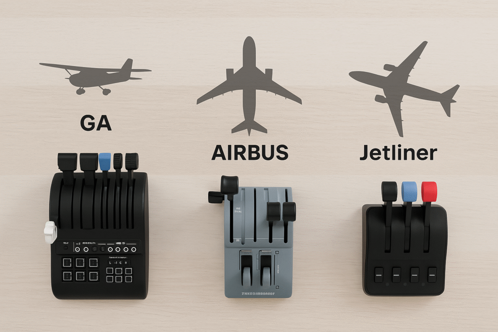 A clean, well-lit image displaying three flight sim throttle quadrants—Honeycomb Bravo, Thrustmaster TCA Airbus, and Logitech G—aligned beneath silhouettes of a general aviation aircraft, an Airbus airliner, and a jetliner, on a light wood surface.