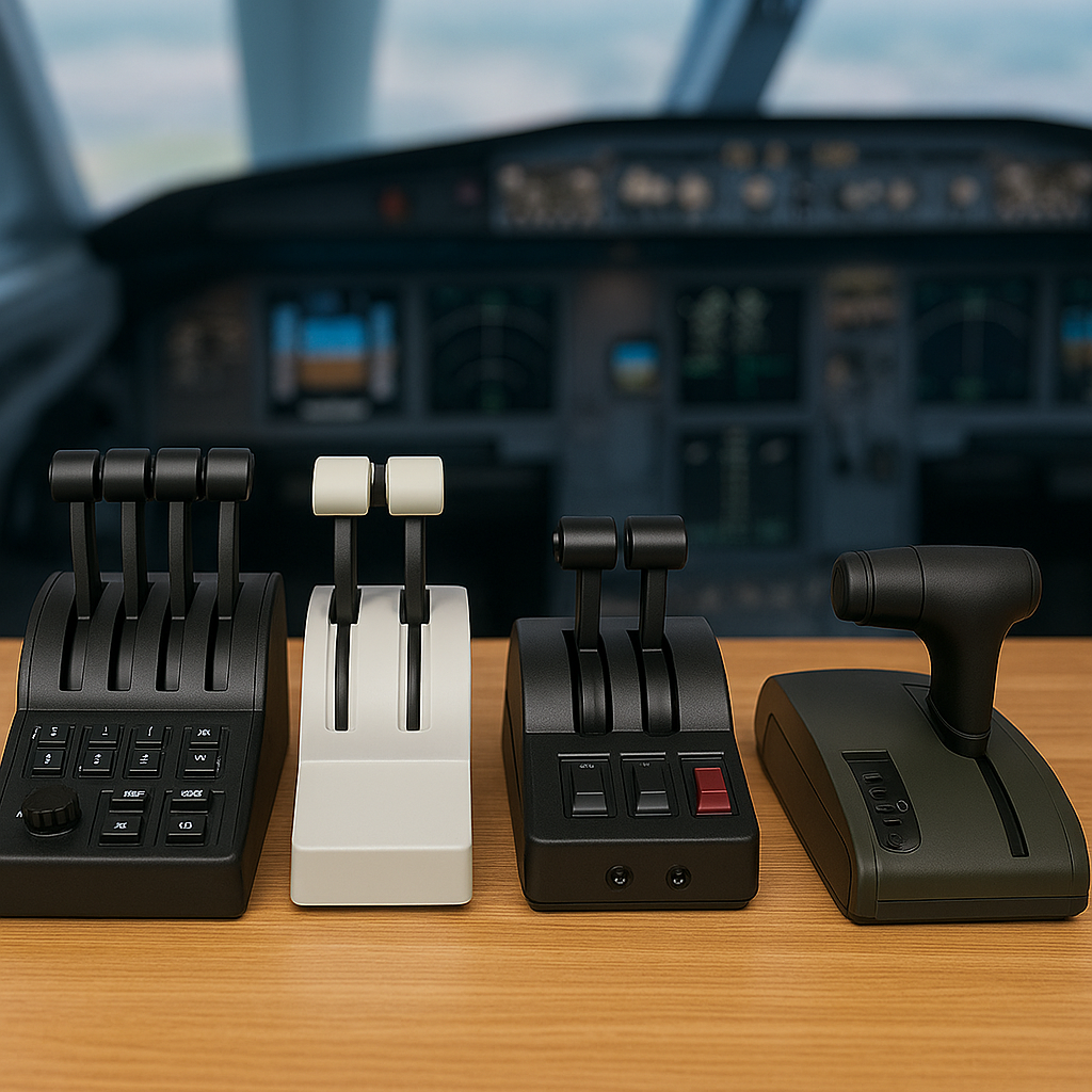 Four popular throttle quadrants for flight simulation—Honeycomb Bravo, Thrustmaster TCA Airbus, Logitech G, and TWCS—lined up on a wooden desk in front of a blurred aircraft cockpit, showing variations in lever layout, control knobs, and ergonomic design.