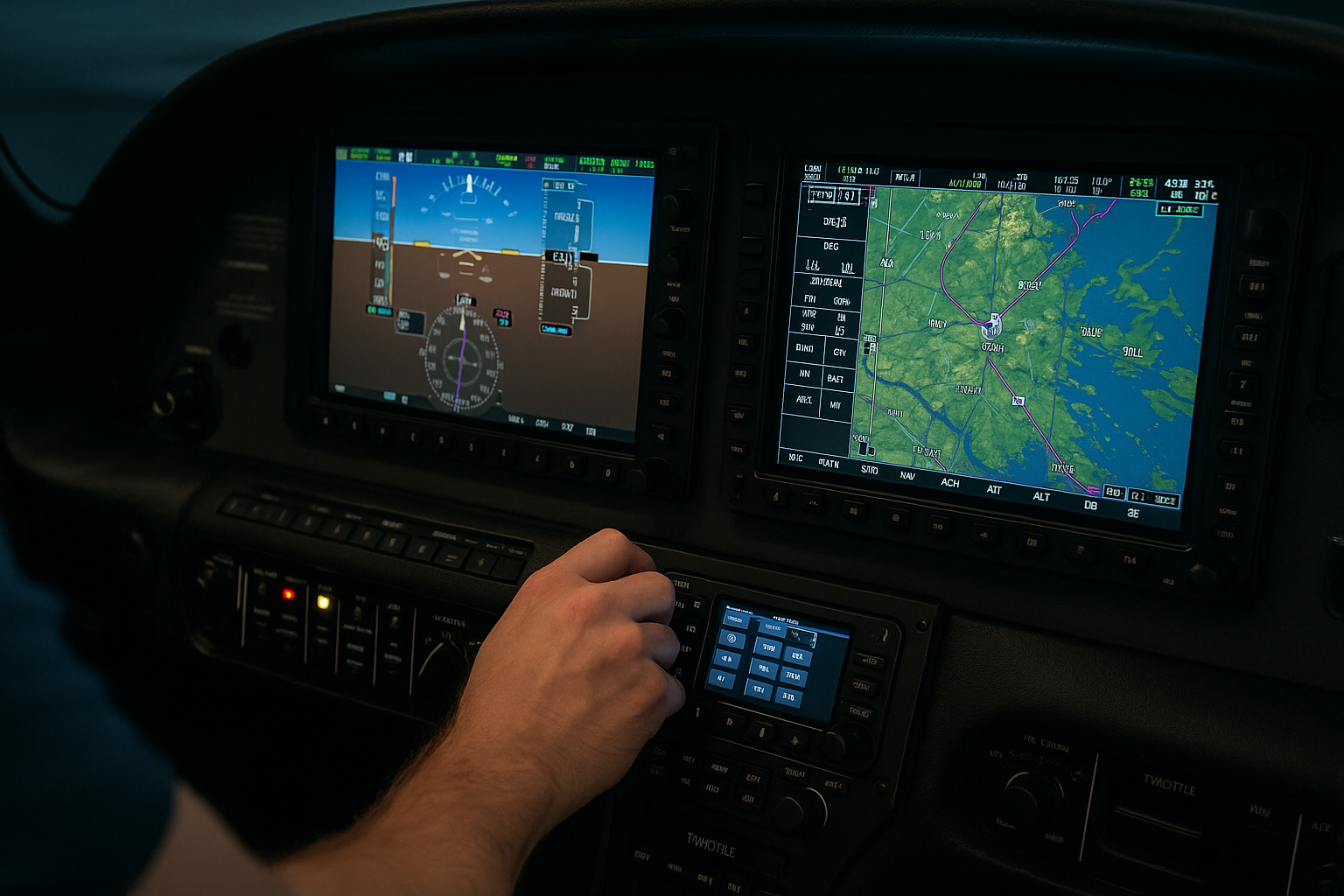 Realistic view of a modern glass cockpit showing digital avionics systems like the G1000 with a pilot interacting with the flight management system in a flight simulator.