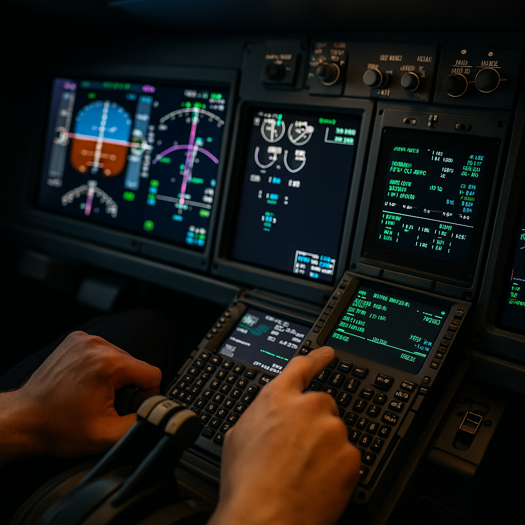 A realistic flight simulator cockpit showing a close-up of a pilot interacting with a flight management system CDU, entering a flight plan route.