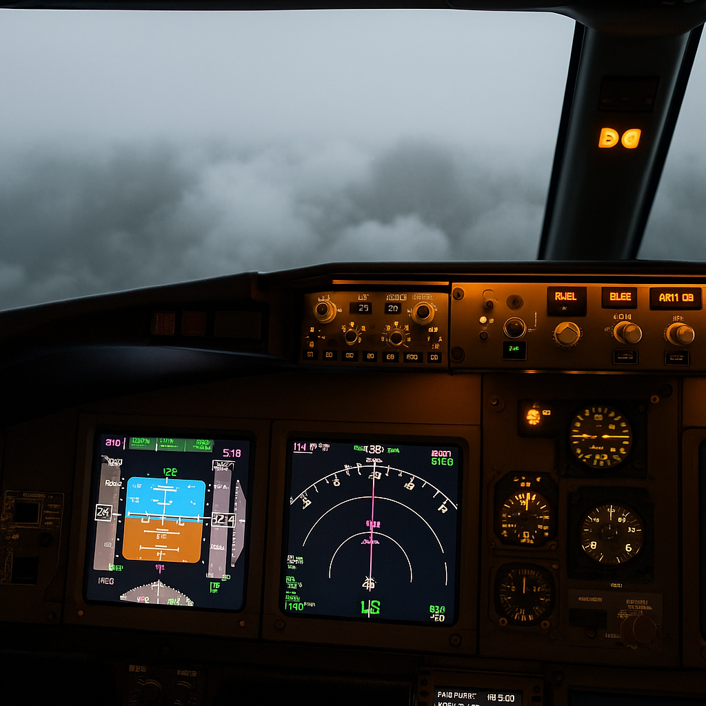 A realistic flight simulator cockpit during IFR conditions, showing ILS approach mode active with instruments guiding the aircraft through low visibility.