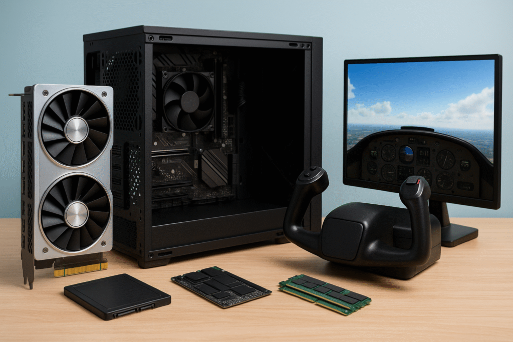 Computer hardware components including a graphics card, SSD, RAM sticks, and a CPU cooler displayed alongside a flight yoke and monitor running a flight simulator cockpit scene.