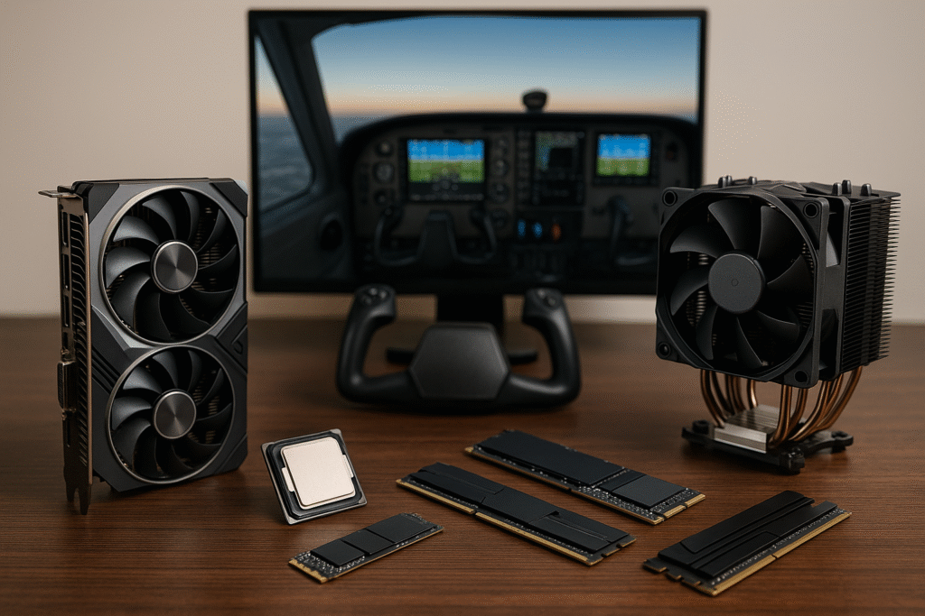 A detailed display of PC hardware including a dual-fan GPU, CPU, NVMe SSD, RAM sticks, and a large CPU air cooler, arranged on a dark wood surface with a flight simulator cockpit shown on a monitor in the background.