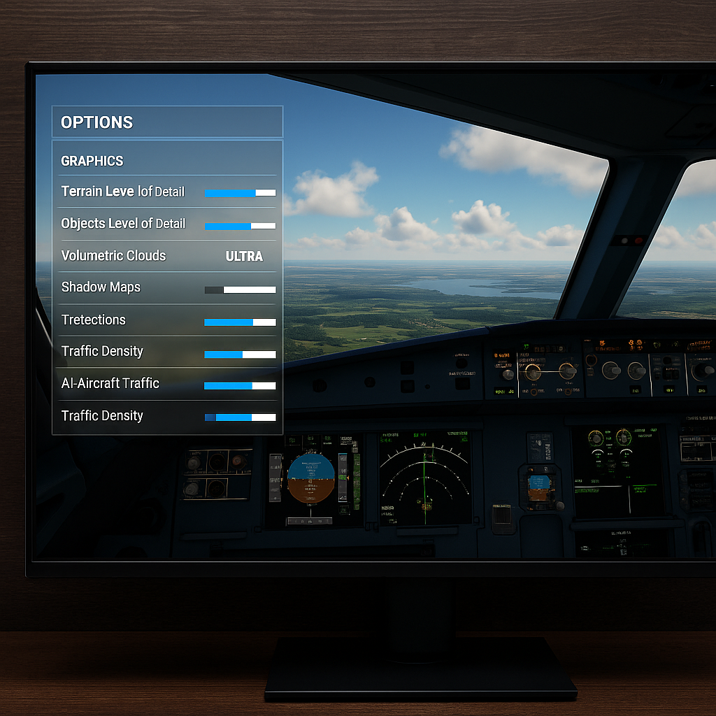 A widescreen monitor displaying a flight simulator cockpit with an open graphics settings menu showing adjustable sliders for terrain detail, traffic density, and shadow maps, set against a realistic in-game sky and landscape.