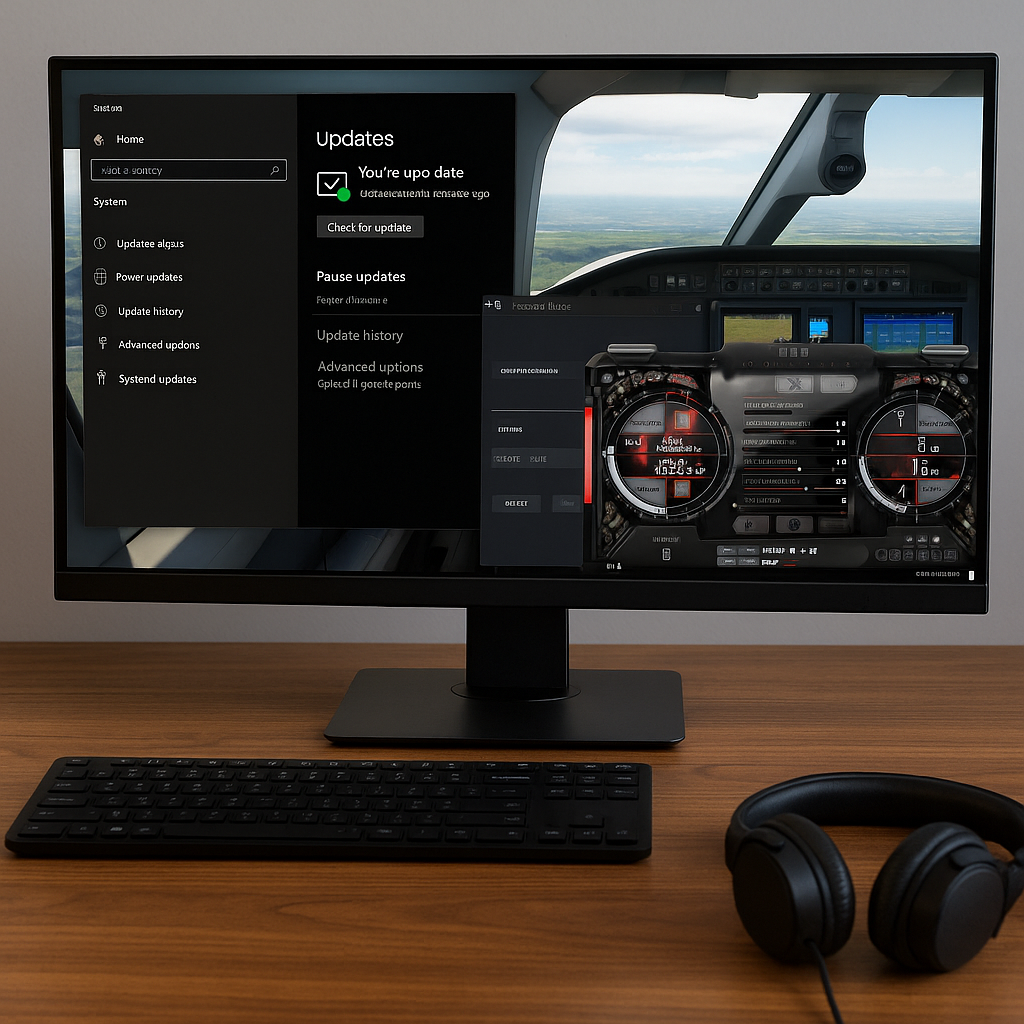 A desktop monitor showing a flight simulator cockpit with overlay windows for system updates and overclocking software, positioned on a wooden desk beside a black keyboard and headphones.