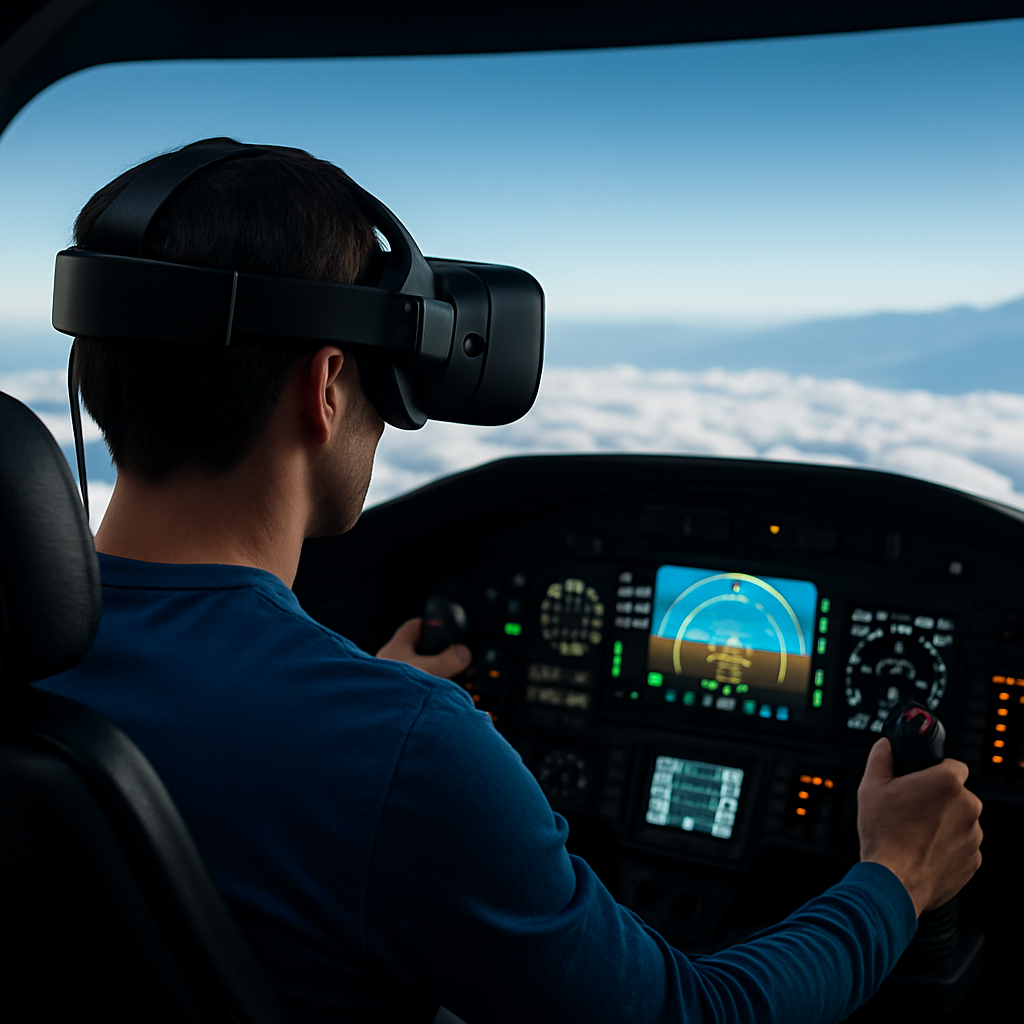 Person using a VR headset while flying in a realistic virtual cockpit simulation, surrounded by flight instruments and an in-game view of the sky.