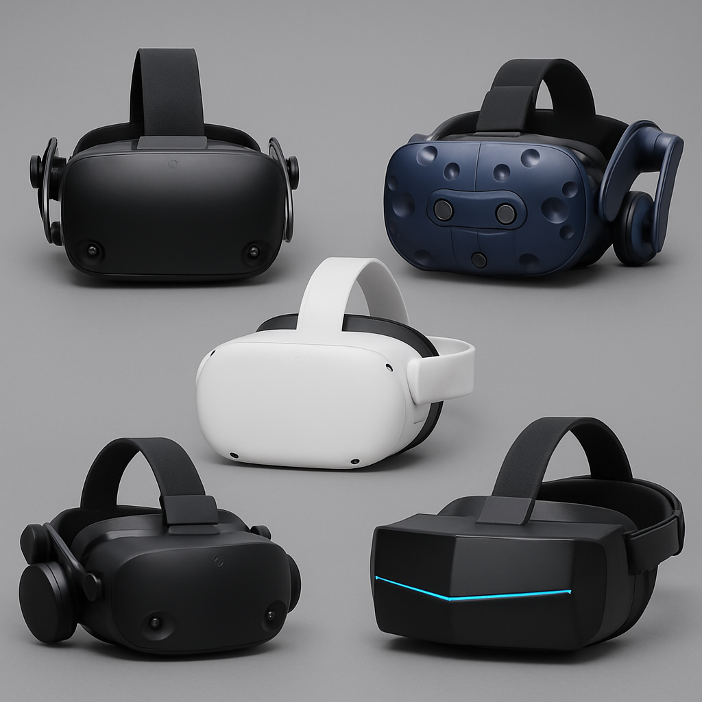 Five modern VR headsets displayed side by side, including models ideal for flight simulation such as the Valve Index, Meta Quest 2, HTC Vive Pro 2, HP Reverb G2, and Pimax Crystal Light.