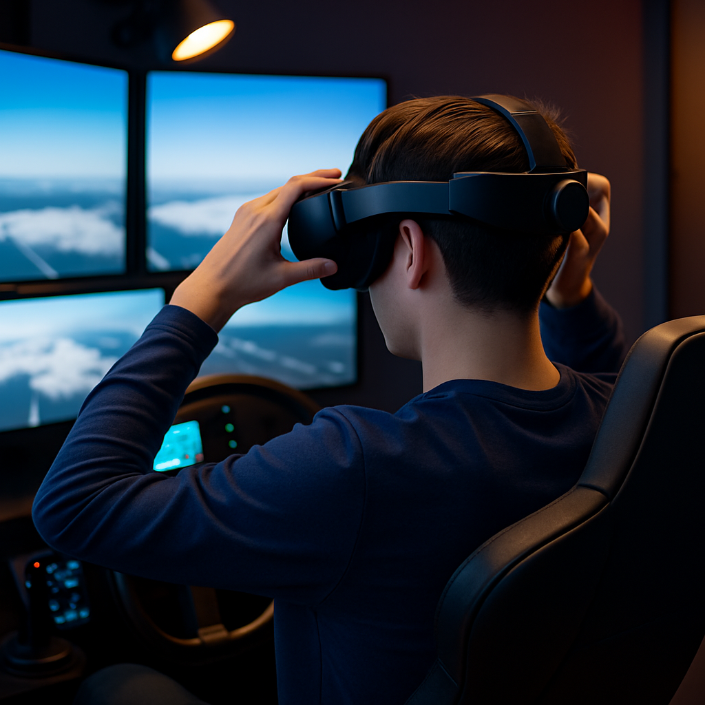 A person adjusting their VR headset in a flight simulation setup, surrounded by accessories and cockpit controls to enhance immersion.