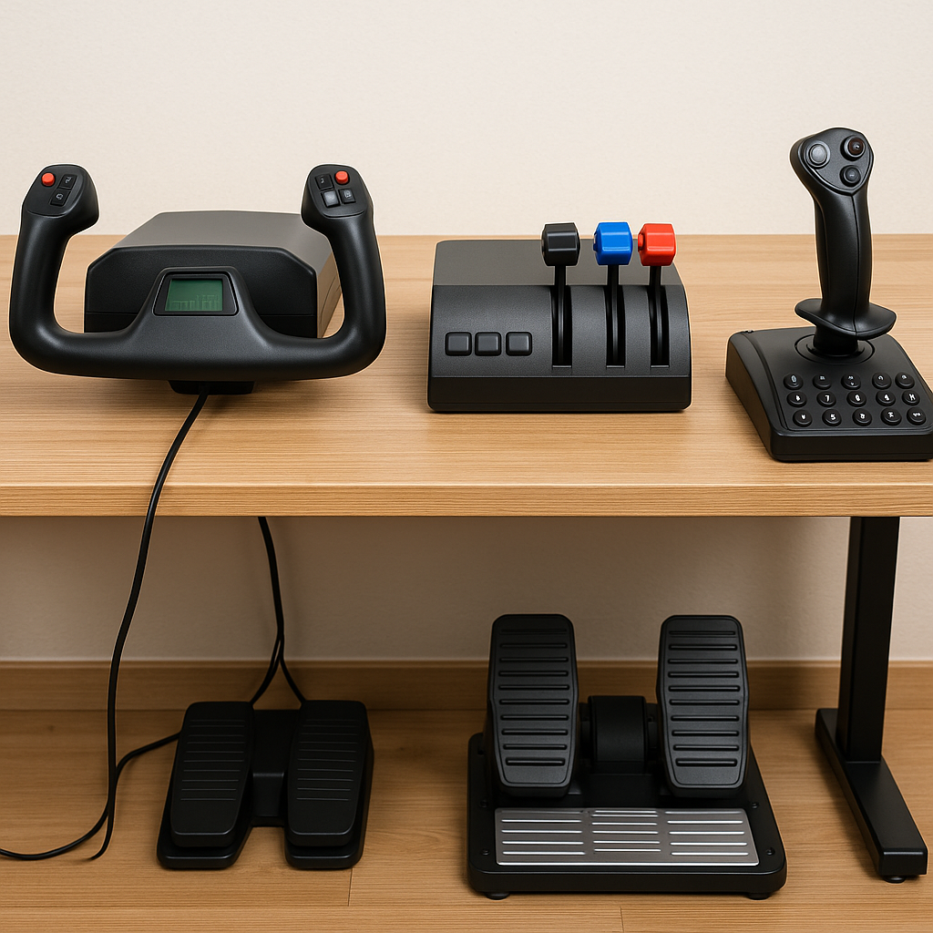 Flight simulator setup showing yoke and joystick side by side on a desk