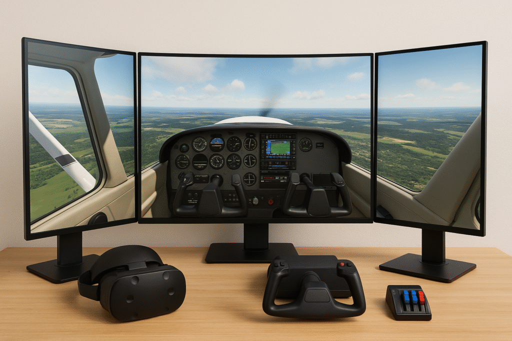 Triple-monitor flight simulator setup with VR headset, yoke, and throttle quadrant on a wooden desk