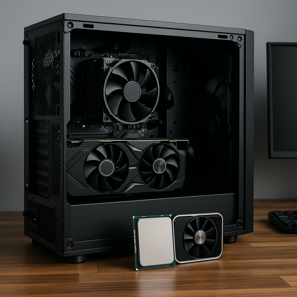 Open desktop computer case with visible GPU, CPU cooler, and components on a wooden desk