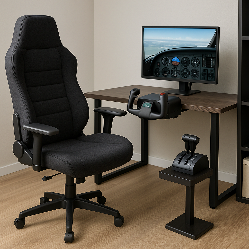 Ergonomic black flight sim chair and desk setup with monitor, yoke, and throttle quadrant