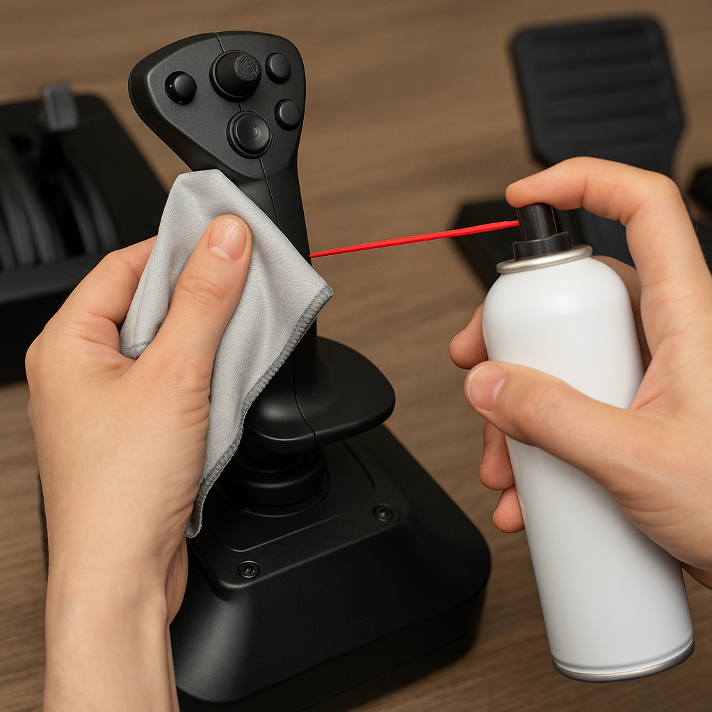 Person cleaning a flight simulator joystick with a microfiber cloth and compressed air.