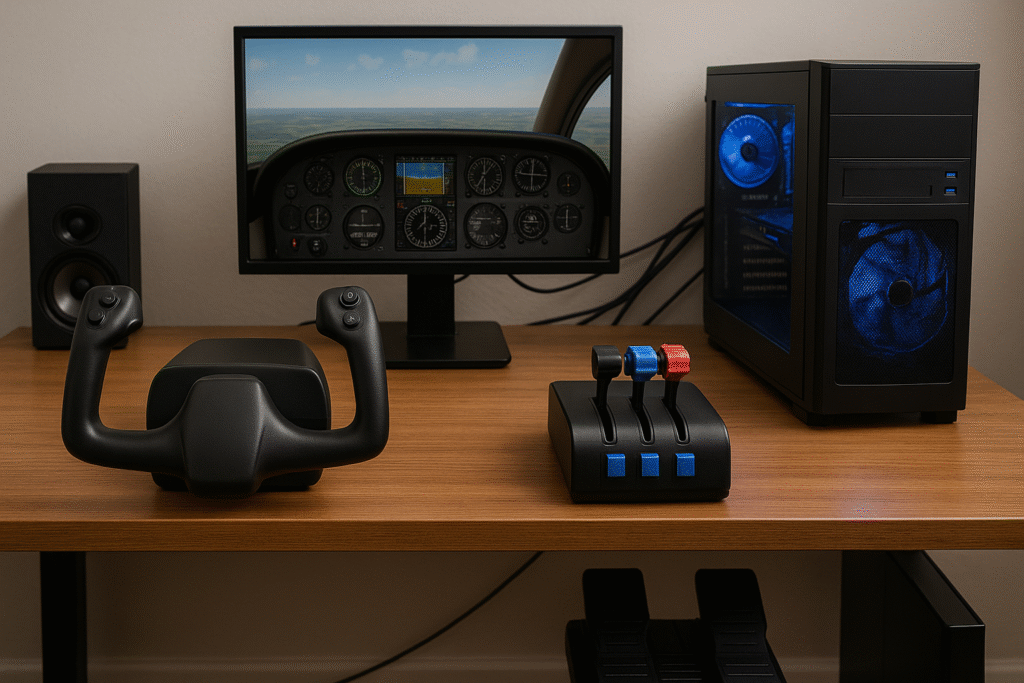 Flight simulator setup in a well-ventilated room with proper cable management.