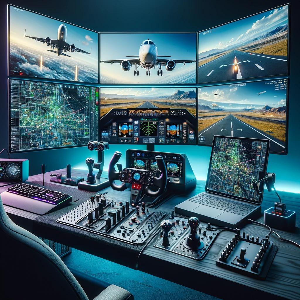 Modern flight simulator setup with multiple monitors displaying realistic flight scenarios and advanced graphics, surrounded by essential flight accessories, showcasing the latest technologies in the top online flight simulator games of 2023.