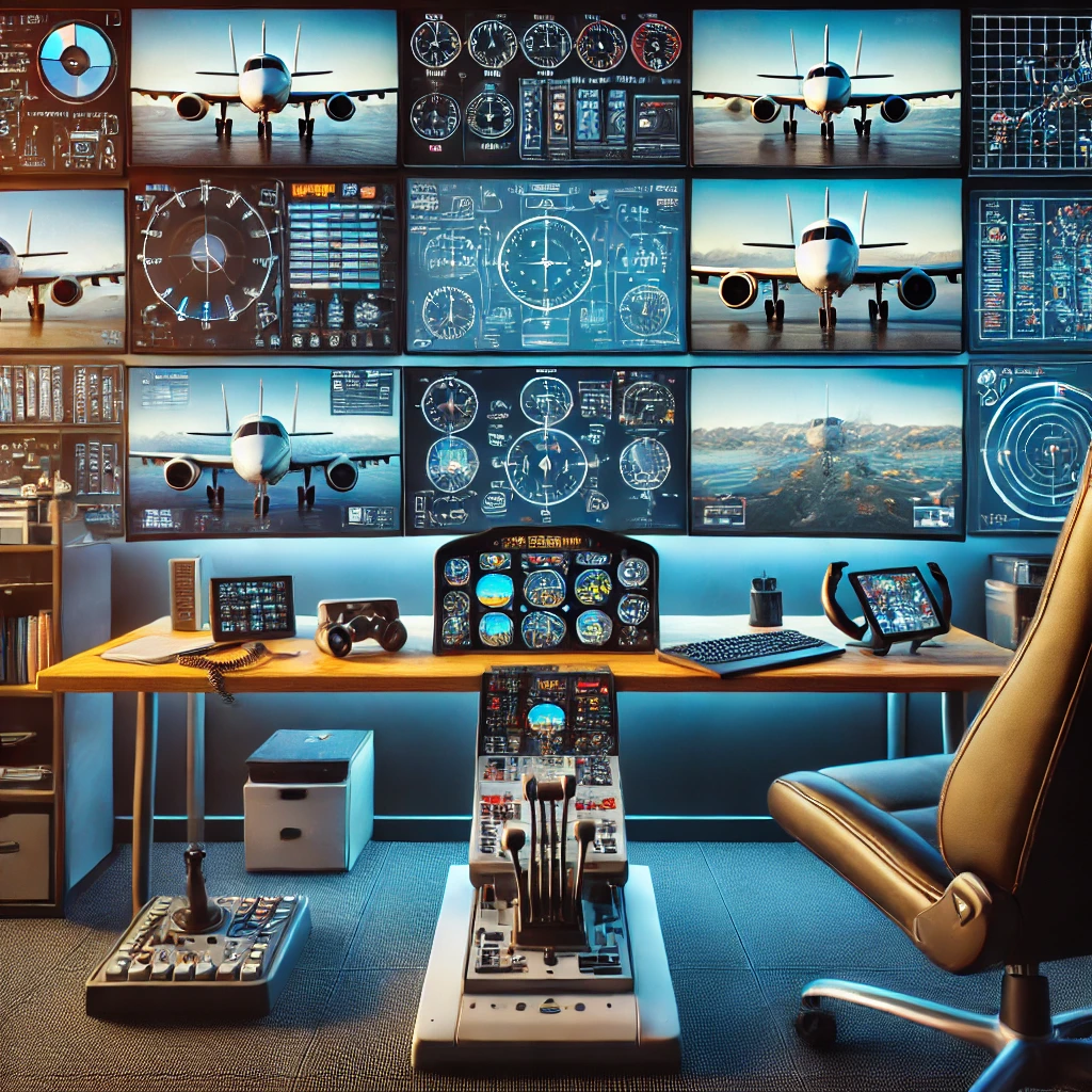 Modern flight simulator setup with multiple monitors displaying realistic flight scenarios and educational content, surrounded by essential flight accessories and learning elements.