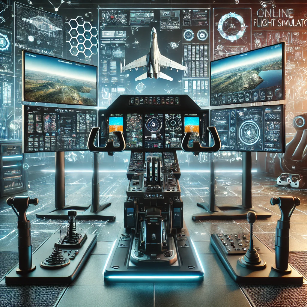 Modern flight simulator setup with futuristic elements, multiple monitors displaying advanced flight scenarios and cutting-edge graphics, surrounded by essential flight accessories and innovative technologies