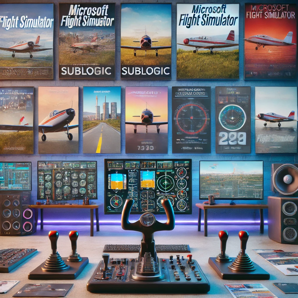 Timeline showcasing the evolution of Microsoft Flight Simulator from subLOGIC to the latest release, surrounded by flight accessories and iconic features from different eras.