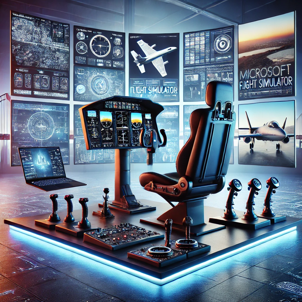 Modern flight simulator setup with multiple monitors displaying impactful moments and future innovations of Microsoft Flight Simulator, surrounded by flight accessories and highlighting significant milestones and upcoming technologies.