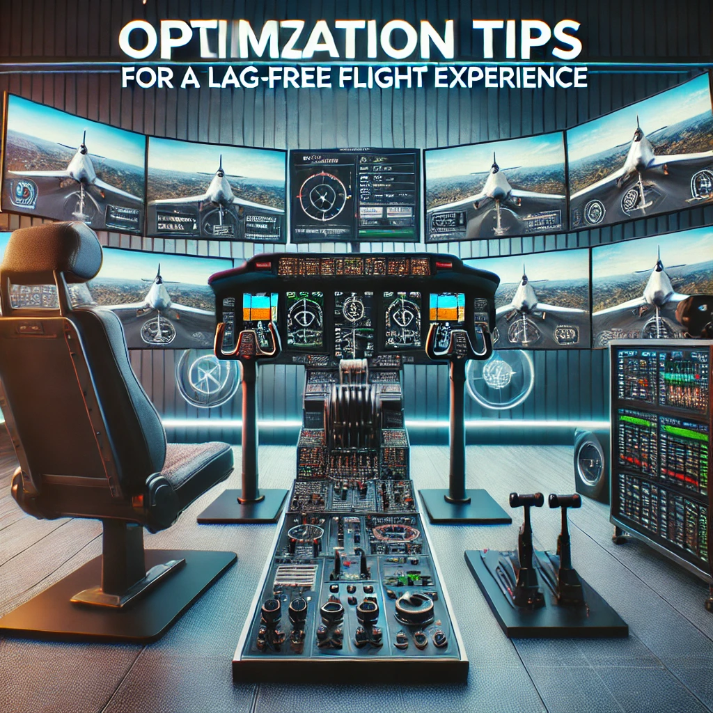 Modern flight simulator setup with multiple monitors displaying smooth and lag-free flight scenarios, surrounded by flight accessories and emphasizing optimization settings, hardware enhancements, and network improvements.