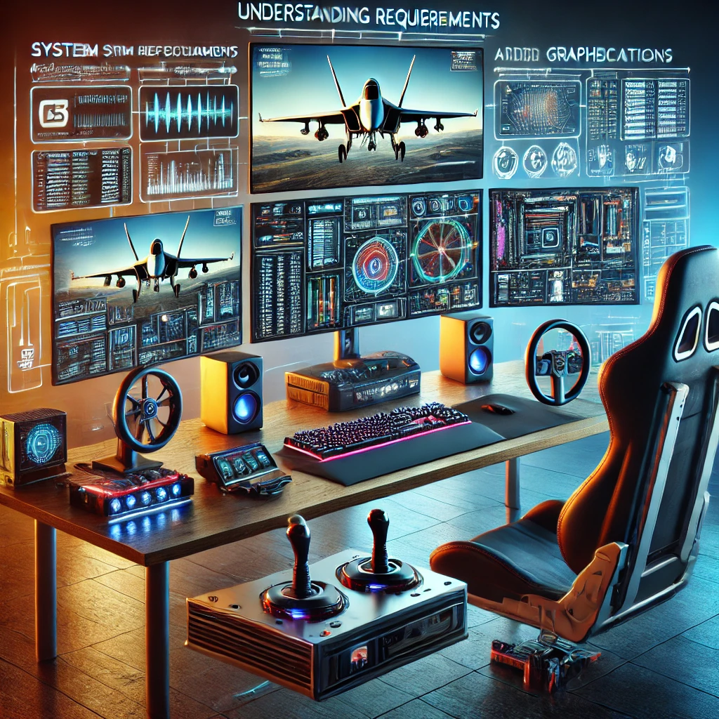 Modern computer setup with multiple monitors displaying detailed system specifications, surrounded by flight simulation accessories, highlighting key components and performance metrics for running Microsoft Flight Simulator.