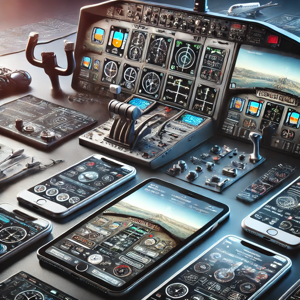 Modern setup with an iPhone or iPad displaying various flight simulator apps, each showcasing different virtual cockpit interfaces and controls, surrounded by flight-related accessories.