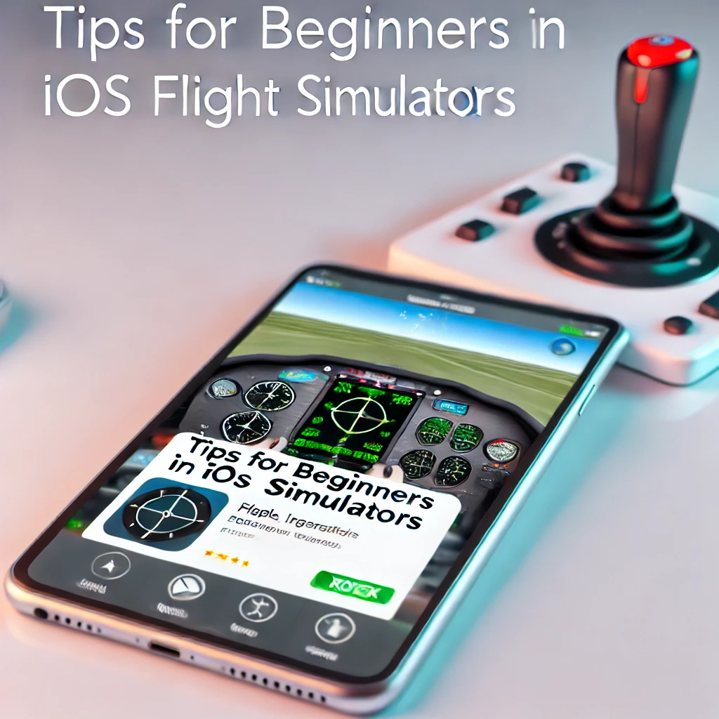 Modern setup with an iPhone or iPad displaying a beginner-friendly flight simulator app, surrounded by flight-related accessories like a flight yoke and a joystick, emphasizing a user-friendly experience.