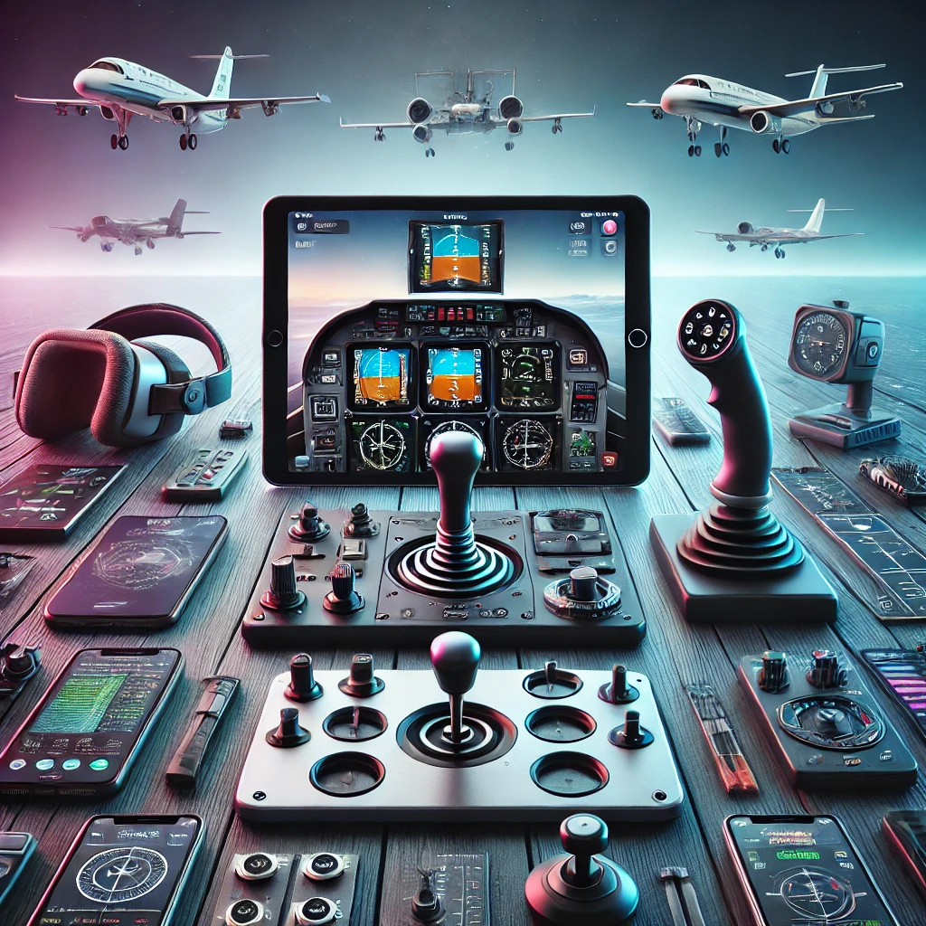 Modern setup with an iPhone or iPad displaying a flight simulator app, surrounded by flight-related accessories like a flight yoke, joystick, throttle quadrant, rudder pedals, VR headsets, and external monitors.