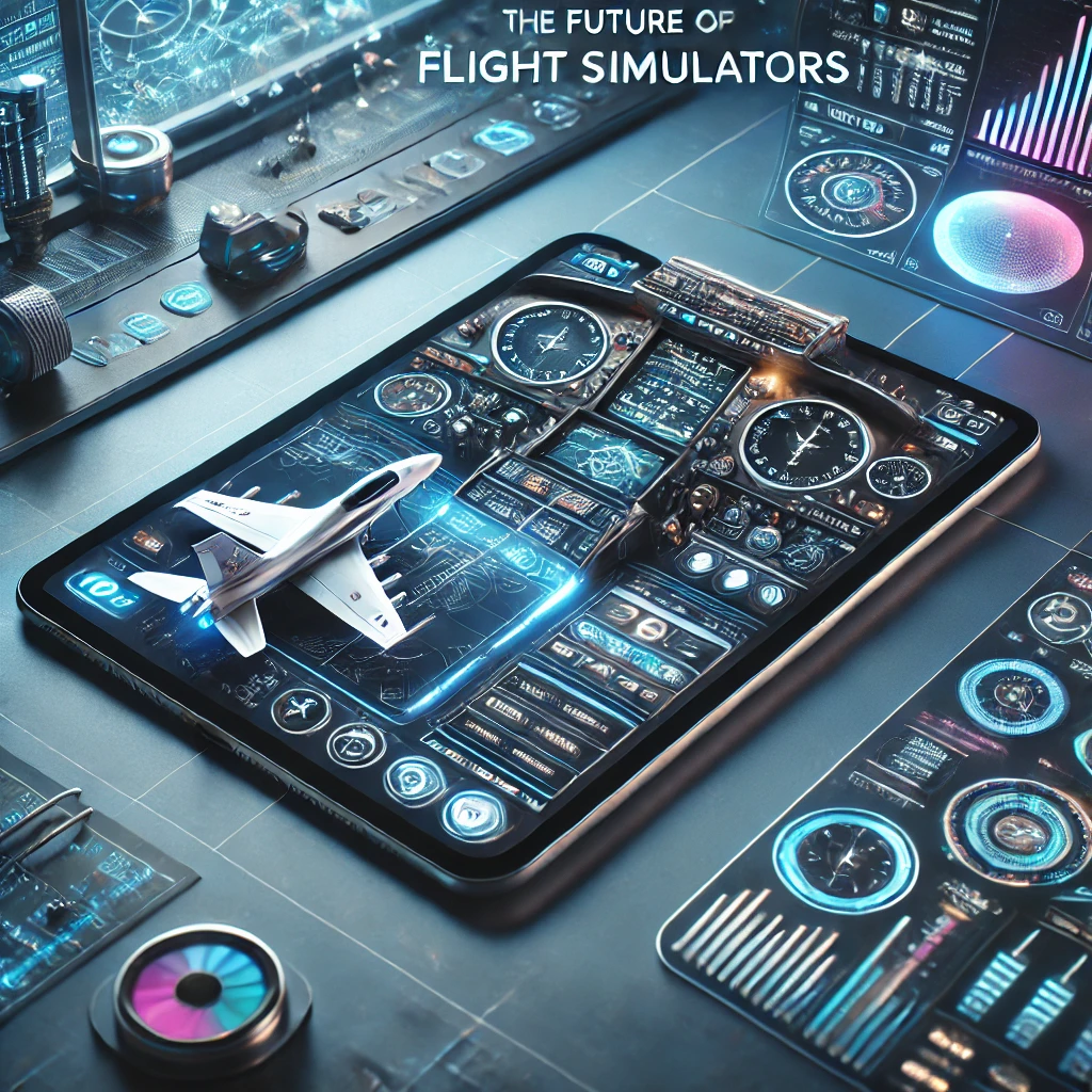 Modern setup with an iPhone or iPad displaying an advanced flight simulator app, showcasing futuristic interface features and controls, surrounded by elements of upcoming technologies like AR, VR, and AI-assisted flying.