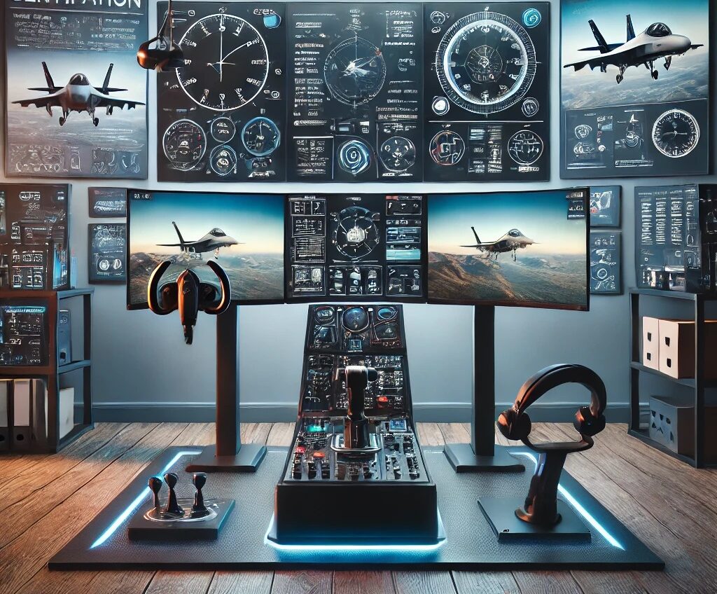 Modern flight simulator setup with multiple monitors displaying advanced flight scenarios, qualification programs, and certification processes, surrounded by flight accessories and highlighting certification documents, flight manuals, and detailed training modules.