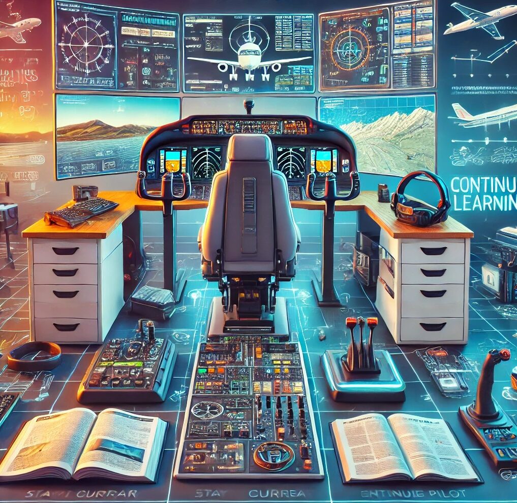 Modern flight simulator setup with multiple monitors displaying flight scenarios, training updates, and new techniques, surrounded by flight accessories and elements of continuous learning such as updated manuals, online training courses, and certification renewals.