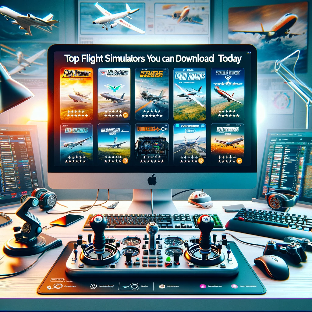 Modern computer setup with multiple monitors displaying various popular flight simulator apps and their interfaces, surrounded by flight accessories, highlighting download icons, user reviews, and top-rated badges.