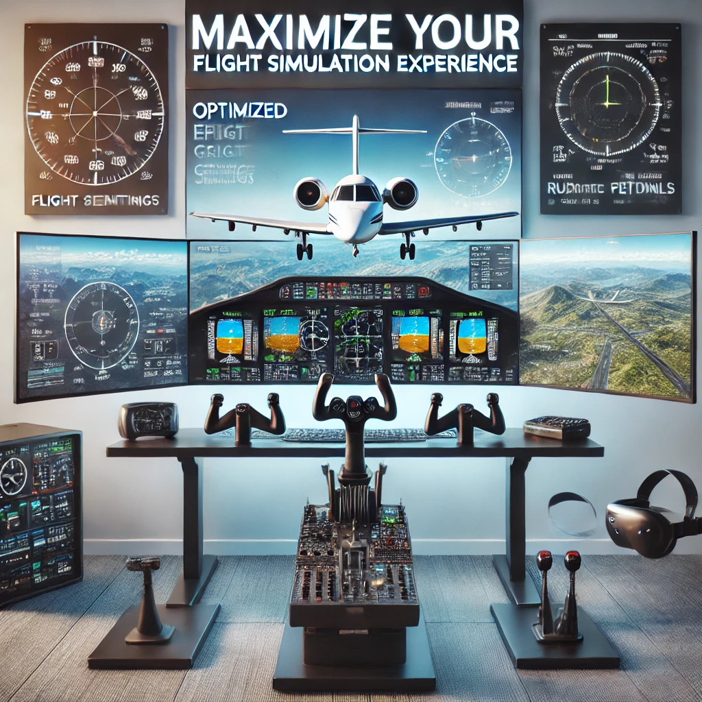 Modern flight simulator setup with multiple monitors displaying optimized flight scenarios, high-quality graphics, and advanced simulation settings, surrounded by flight accessories, emphasizing performance-enhancing settings and immersive environments.