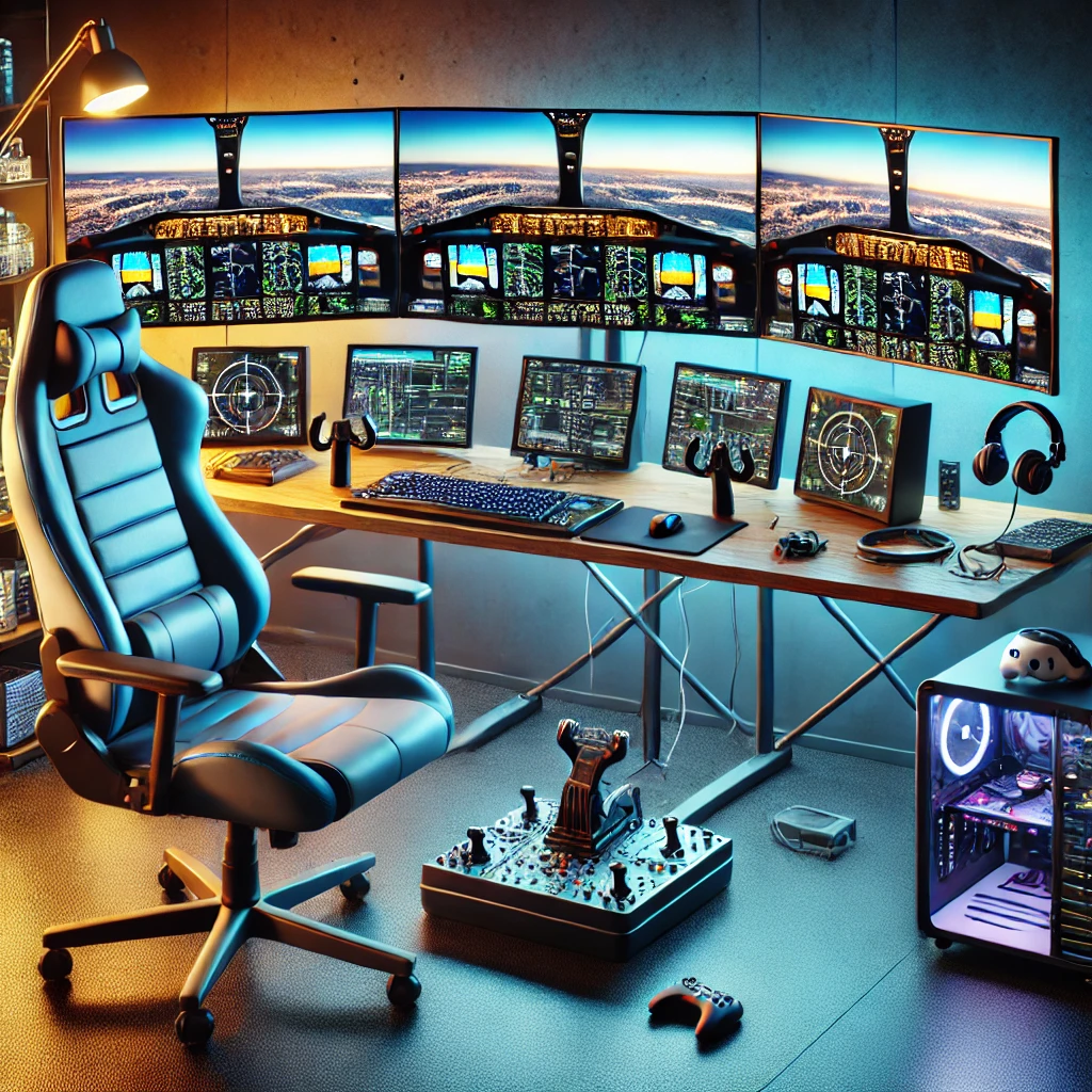 Modern flight simulator setup with multiple monitors displaying realistic flight scenarios, surrounded by flight accessories like a flight yoke, throttle quadrant, rudder pedals, and VR headset, with a comfortable chair, ergonomic desk, cable management, and ambient lighting.