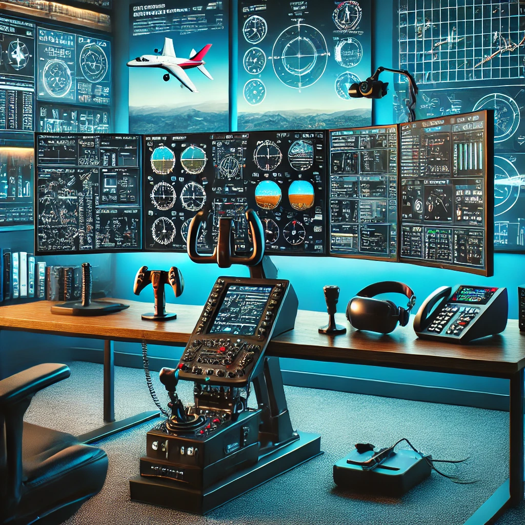 Modern flight simulator setup with multiple monitors displaying advanced flight training modules, complex maneuvers, and detailed flight analytics, surrounded by flight accessories like a flight yoke, throttle quadrant, rudder pedals, VR headset, advanced training manuals, flight performance charts, and skill development resources.