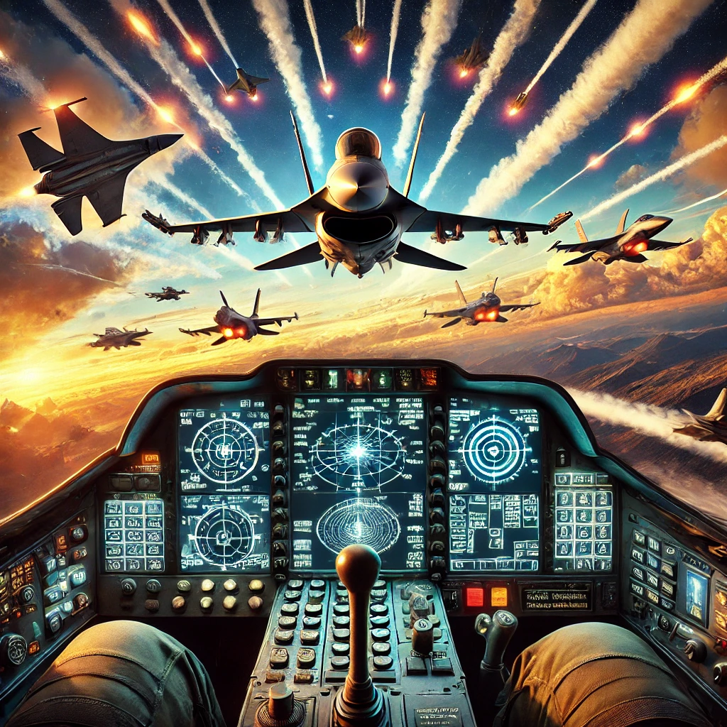 Detailed cockpit view of a modern fighter jet in a combat flight simulator game, showing a dramatic aerial dogfight with multiple jets, contrails, and explosions against a dynamic sky with clouds and mountains in the background.