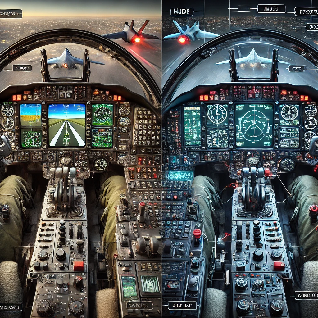 Side-by-side comparison of a real-life modern fighter jet cockpit and a simulated cockpit in a combat flight simulator game, with detailed instrumentation and HUDs, showing similarities and differences in technology and layout to highlight the accuracy of simulation.