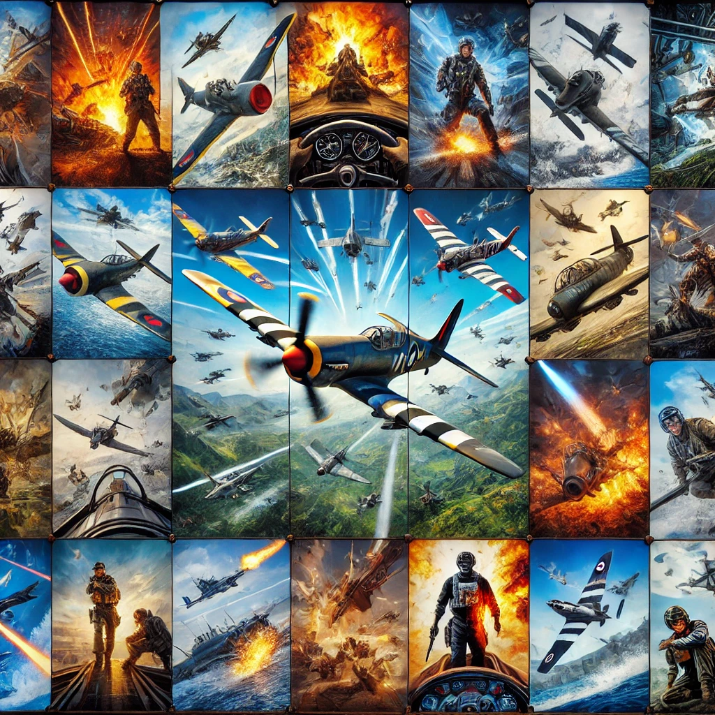 Collage of iconic scenes from top combat flight simulator games, labeled with names and release years, featuring intense dogfights, detailed cockpits, and realistic terrain, with dynamic effects like motion blurs and explosions, illustrating the evolution and impact of these games.