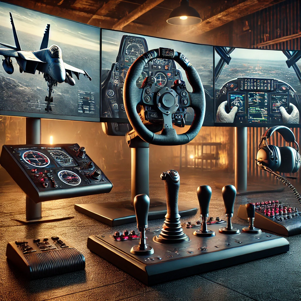 A high-end gaming setup for combat flight simulator games with multiple monitors showing flight scenes, a professional flight stick, rudder pedals, and a pilot headset in a dimly lit room, highlighting the immersive and realistic flying experience.