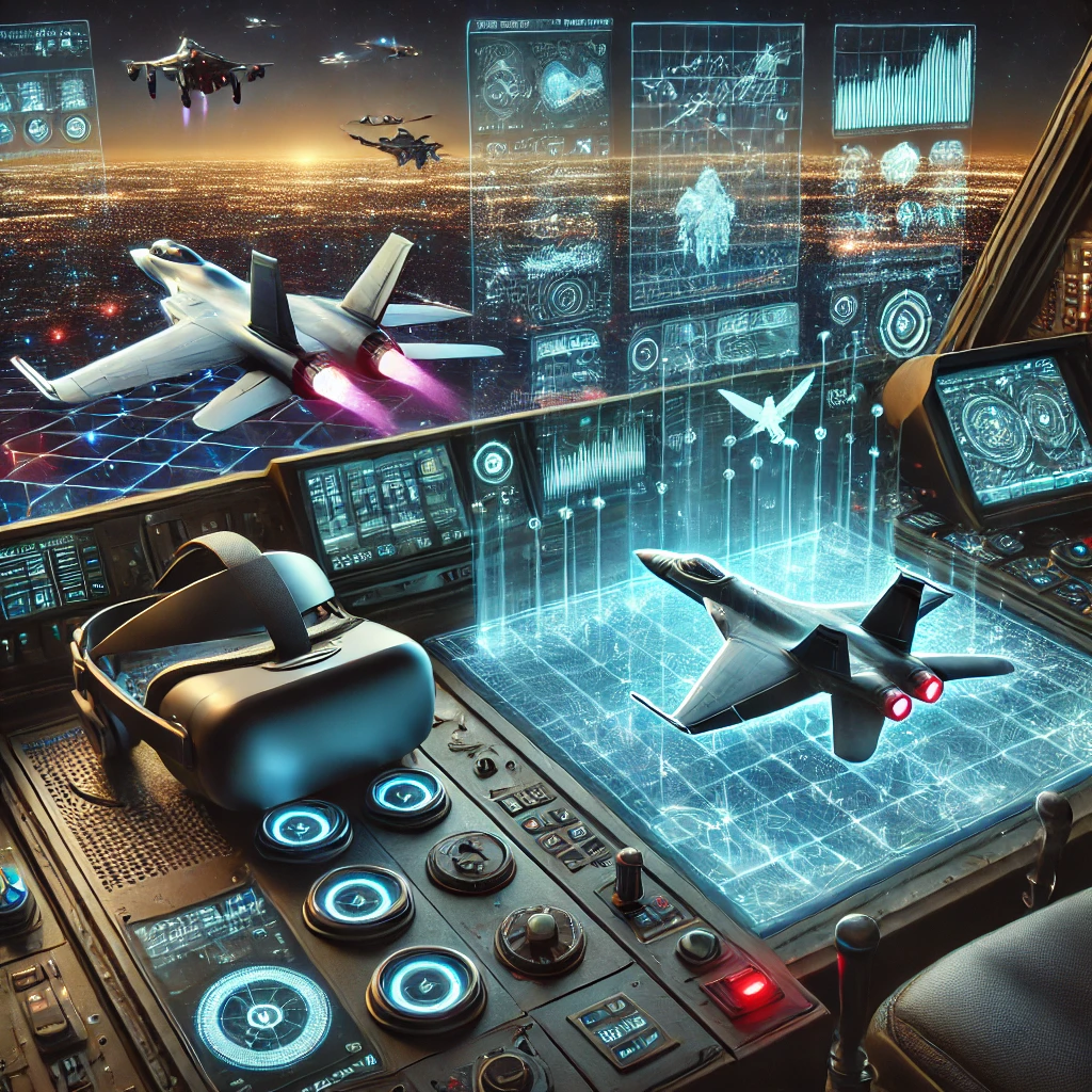 Futuristic cockpit with holographic displays and VR headset, showing advanced aircraft in a high-tech aerial battlefield with drones and laser weapons, illuminated by neon lights, representing the future of combat flight simulator games.