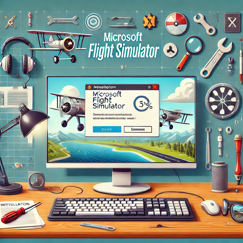 Illustration of a computer screen showing Microsoft Flight Simulator being installed with error messages and a progress bar stuck. Troubleshooting icons like a wrench, screwdriver, and magnifying glass surround the screen. Flight simulation accessories like a joystick and headset are on the desk.