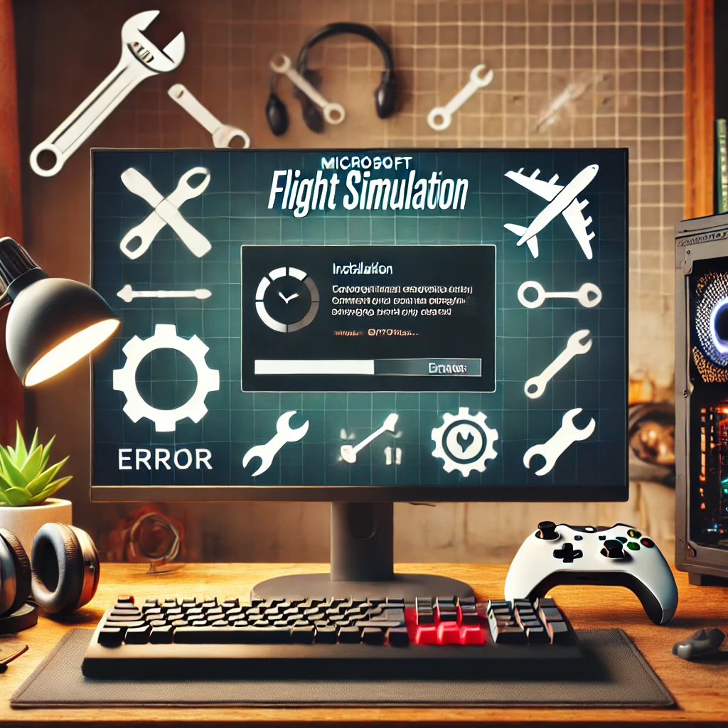 Computer screen showing Microsoft Flight Simulator installation stuck at a progress bar with error messages. Surrounding the screen are troubleshooting icons like a wrench, screwdriver, and magnifying glass. The background features a cozy desk setup with flight simulation accessories like a joystick and headset.