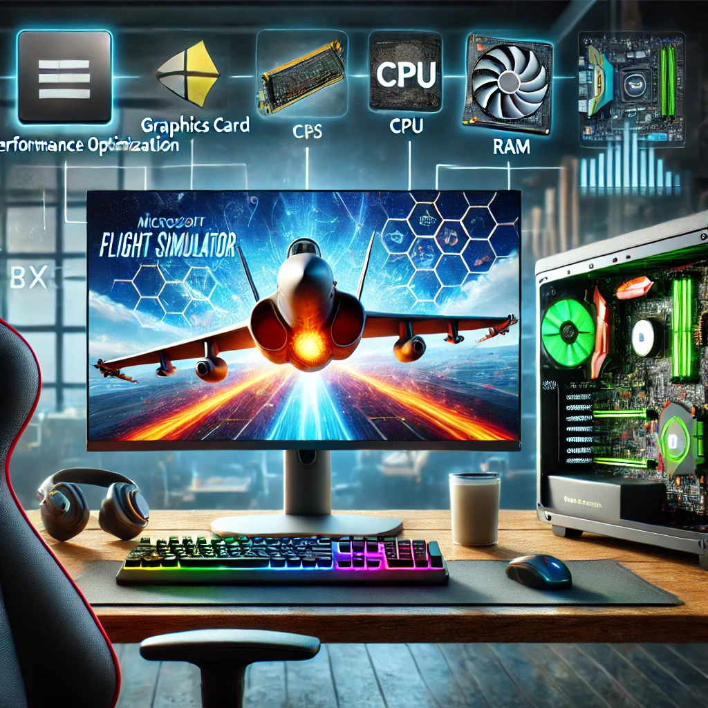 Computer screen displaying Microsoft Flight Simulator with vibrant graphics. Surrounding the screen are icons representing performance optimization tools like a graphics card, CPU, and RAM. The background features a high-end gaming setup with multiple monitors, a gaming chair, joystick, and headset.