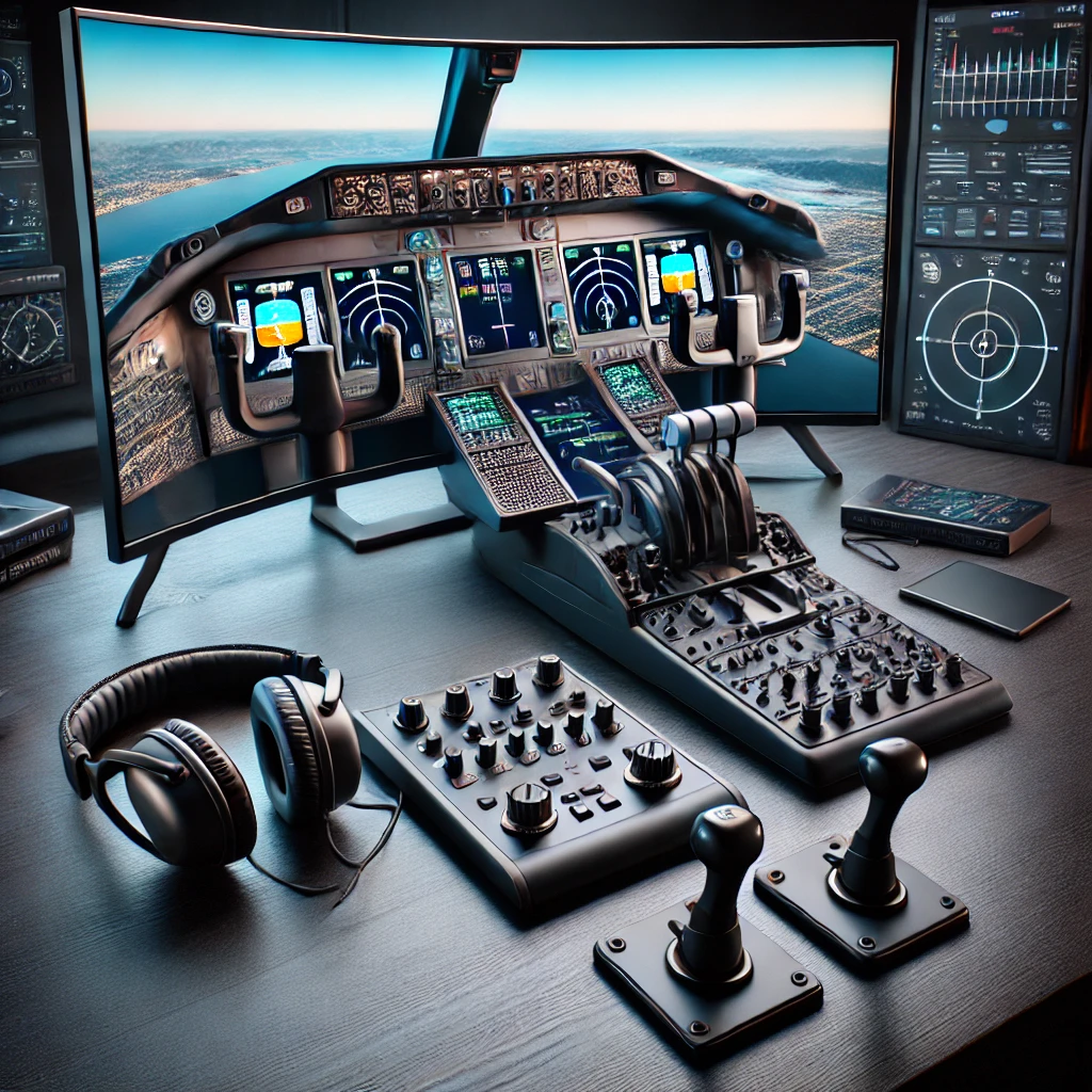 Flight simulator accessories on a desk, including a yoke, throttle quadrant, rudder pedals, headphones, and a curved monitor displaying a flight simulator.